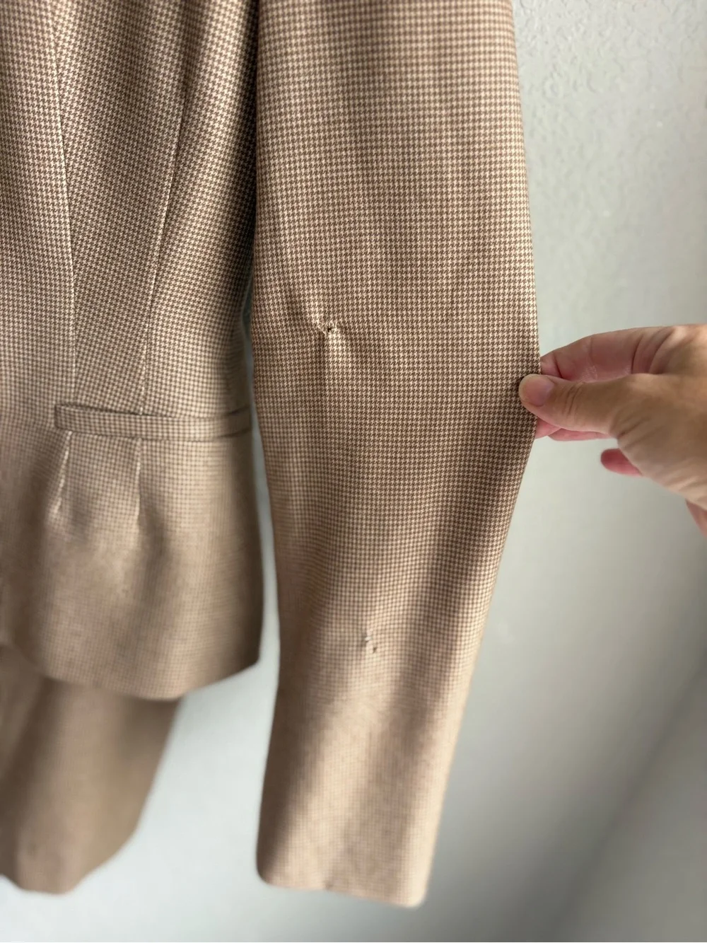 Ralph Lauren Vintage Wool Cashmere Skirt Suit Women US12 Camel Houndstooth silk